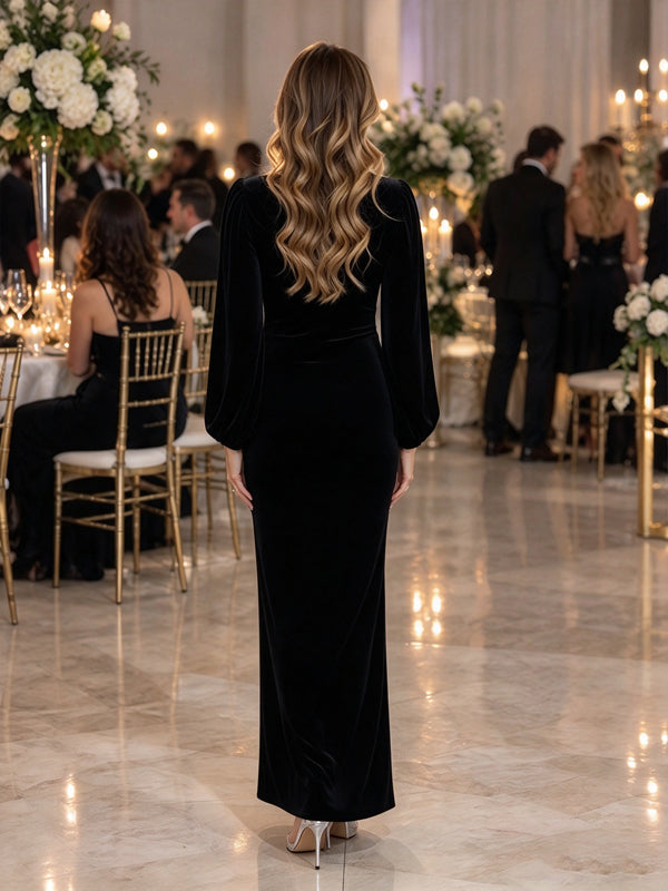 Black Velvet Maternity Maxi Dress with Lace Details and Side Slit