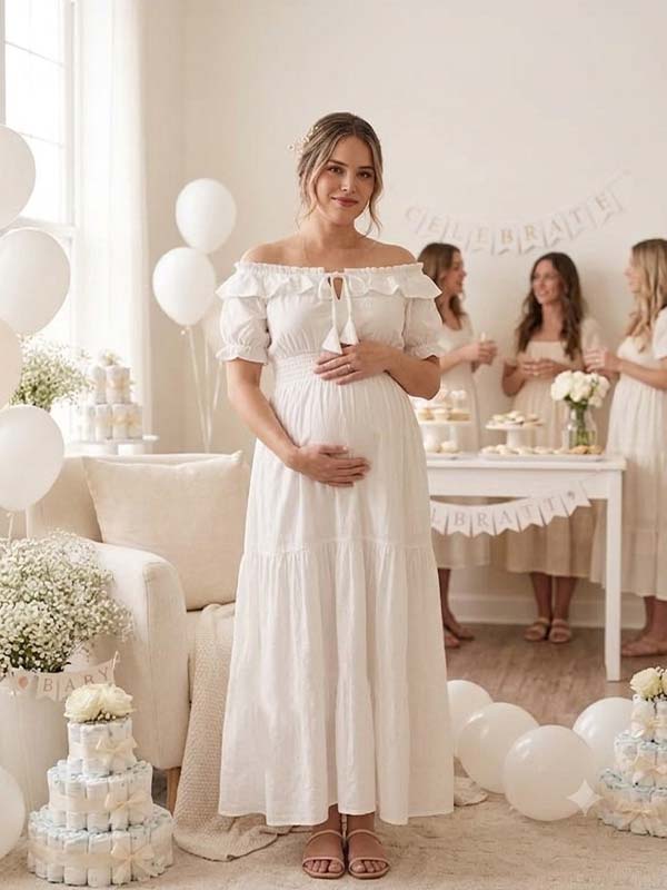 Momyknows White Smocked Ruffle Lace-up Off Shoulder Maternity Baby Shower Maxi Dress - White - 2