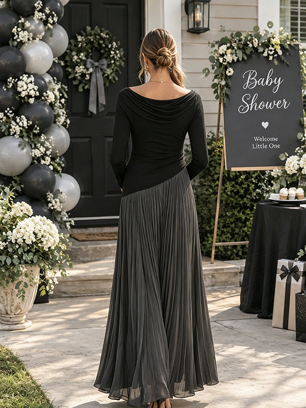 Grey Open Collar Maternity Maxi Dress with Draped Hem Detail and Elegant Silhouette