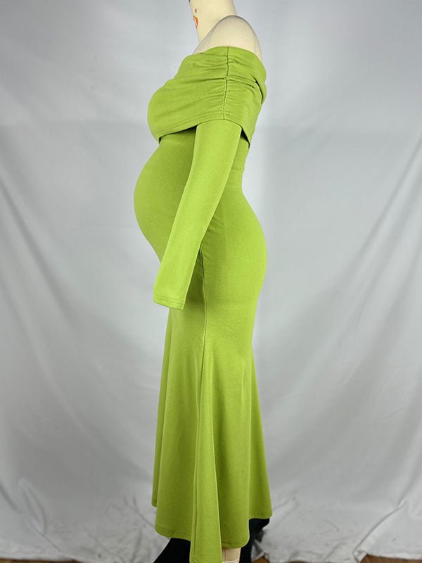 Momyknows Green Ruched Off Shoulder Bodycon Elegant Cocktail Party Gown Maternity Photoshoot Baby Shower Maxi Dress, Green / M