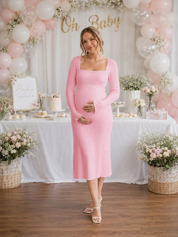 Momyknows Elegant Pink Lace-Up A-Line Bodycon Baby Shower Maternity Midi Dress