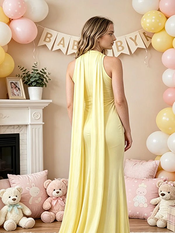 Momyknows High Neck Ribbon Trumpet Ruched Maternity Baby Shower Maxi Dress - Yellow - 3