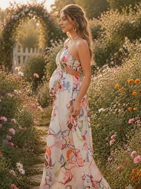 Momyknows White Halter Neck Lace-Up Open Back Smocked Floral Bowknot Maternity Photoshoot Maxi Dress - White - 2