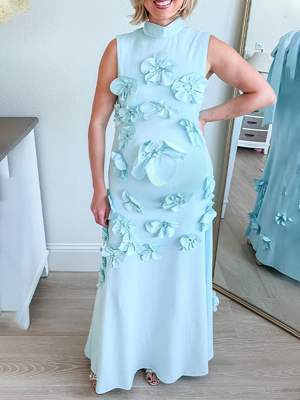 Momyknows 3D Flowers Band Neck Back Bow Photoshoot Baby Shower Maternity Maxi Dress Light Blue / M Momyknows 3D Flowers Band Neck Back Bow Photoshoot Baby Shower Maternity Maxi Dress Light Blue / M