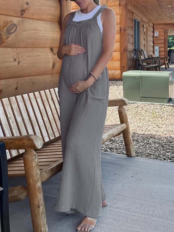 Momyknows Dark Grey Pocket Sleeveless Suspenders Wide-leg Pants Daily Maternity Jumpsuit