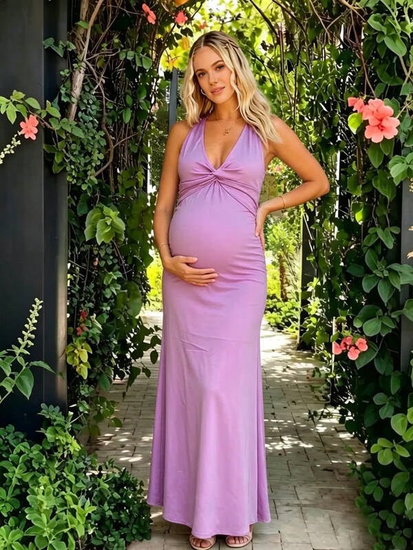 Momyknows Purple V-neck Ruffle Backless Bowknot Maternity Photoshoot Maxi Dresses - Purple - 2