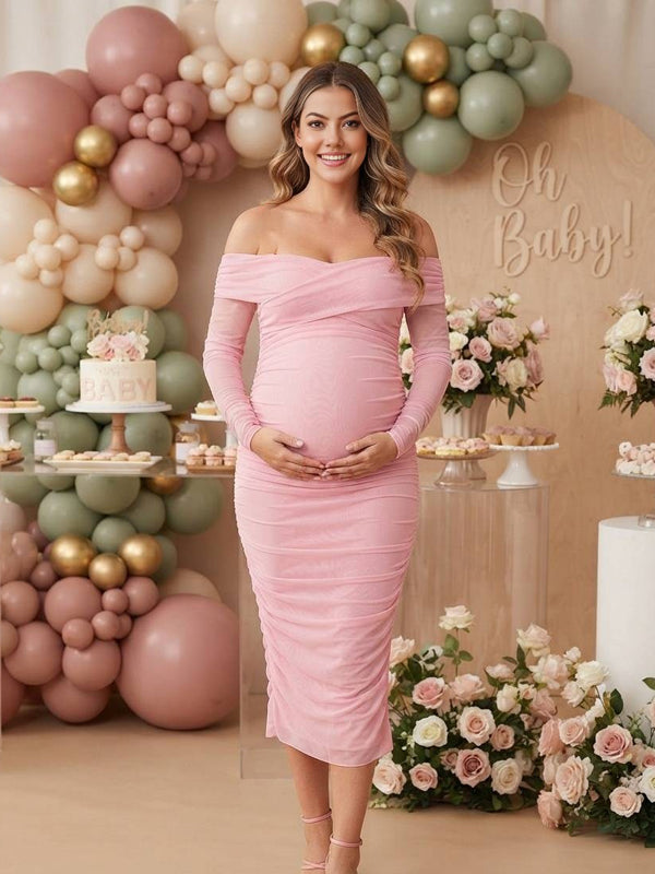 Pink Off-the-Shoulder Maternity Dress with Ruffle and Tulle Details and Form-Fitting Silhouette, Baby Shower