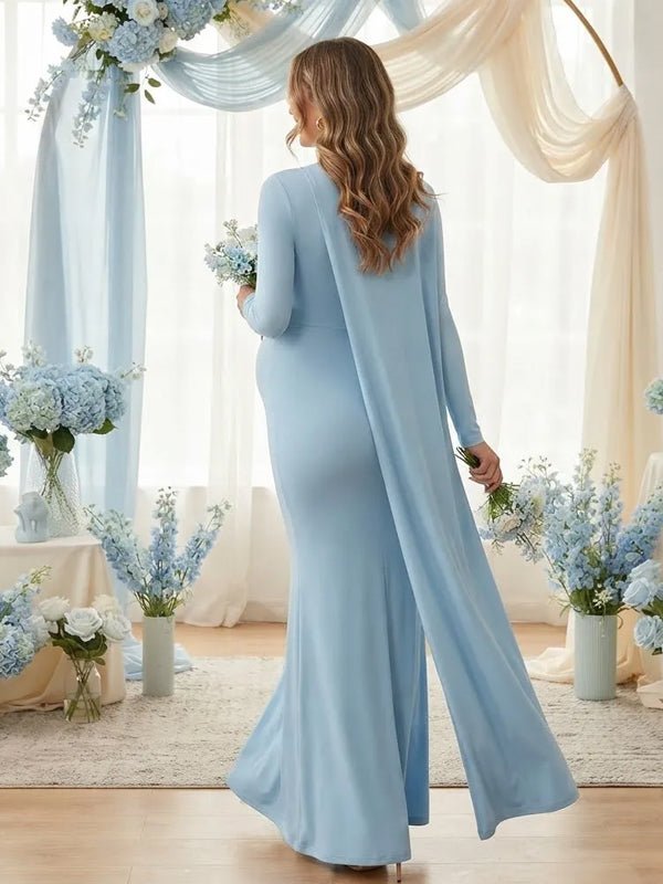 Momyknows Blue Ruched Cape Bodycon Maternity Baby Shower Maxi Dress - Blue - 3