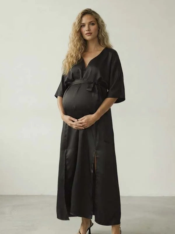 Momyknows Apricot Ruffle Lace-up Side Slit V Neck Maternity Photoshoot Maxi Dress