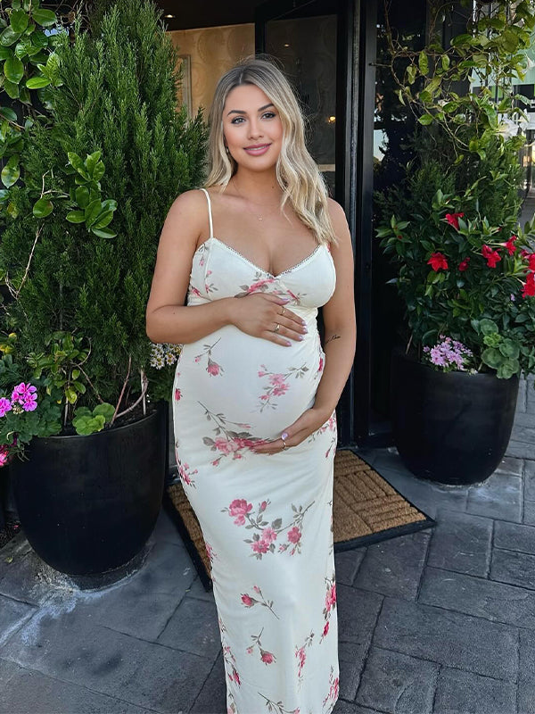 Momyknows Apricot Floral Vacation Maternity Maxi Dress