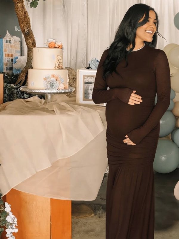 Momyknows Mesh Ruched Mermaid Sheer Maternity Maxi Dress