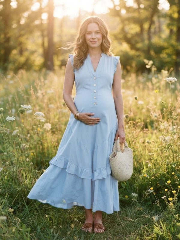 Momyknows Ruffle Button Falbala Big Swing Maternity Photoshoot Maxi Dress - Blue - 6
