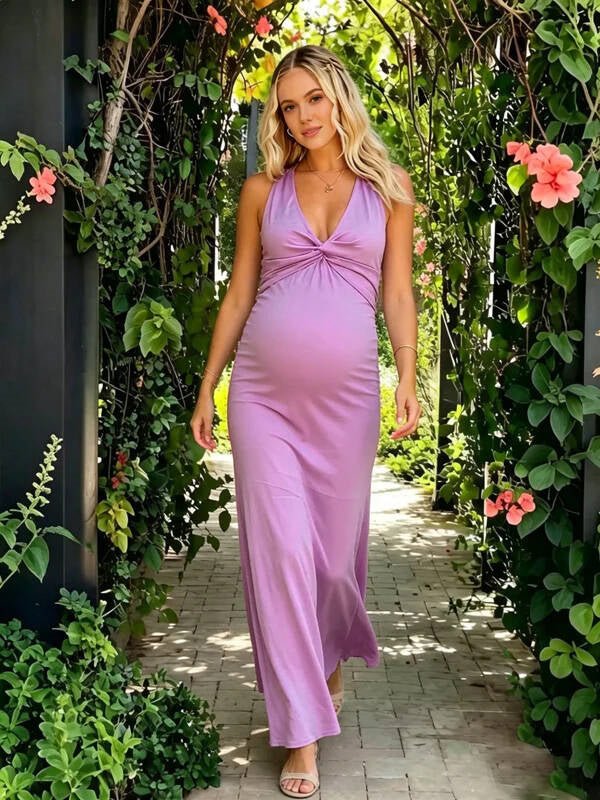 Momyknows Purple V-neck Ruffle Backless Bowknot Maternity Photoshoot Maxi Dresses - Purple - 3