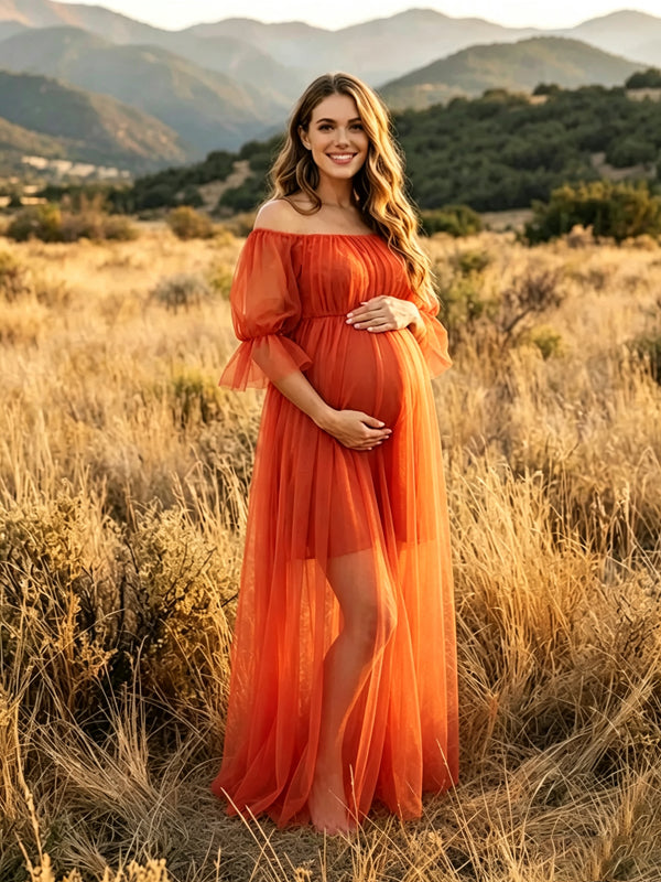 Elegant Red Off Shoulder Double-layer Grenadine Maternity Dresses