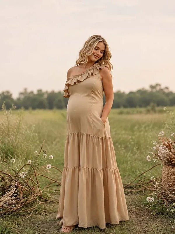 Momyknows Khaki Ruffle Oblique Shoulder Maternity Photoshoot Maxi Dress - Khaki - 2