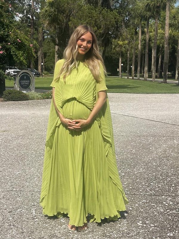 green maternity maxi dress Momyknows Chic Green Cascading Ruffle Irregular Asymmetric Shoulder Baby Shower Maternity Maxi Dress, Green / S
