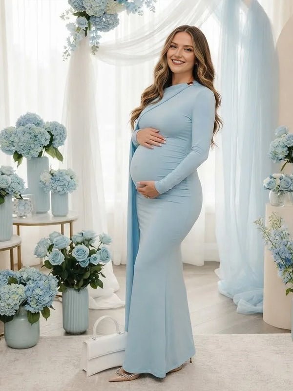 Momyknows Blue Ruched Cape Bodycon Maternity Baby Shower Maxi Dress - Blue - 2