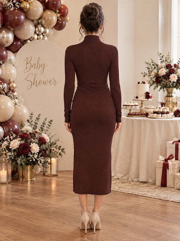 Wine Red Elegant Ruched Maternity Midi Dress with Metal Decorations and Flattering Silhouette