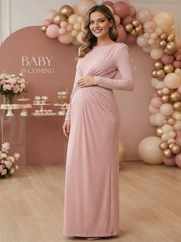 Momyknows Ruched Ribbon Knot Bodycon Maternity Baby Shower Maxi Dress - Pink - 2