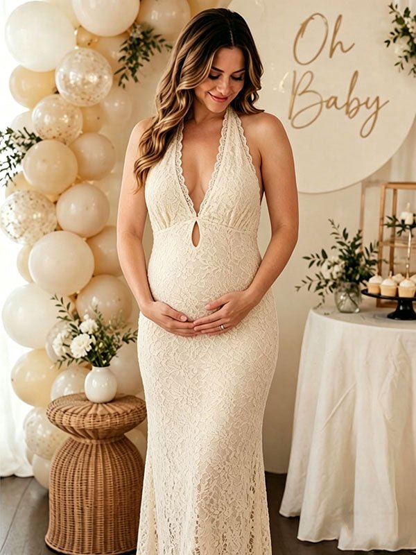 Momyknows Elegant Yellow Halter Neck Lace Backless Lace-Up,Bodycon Baby Shower Maternity Maxi Dress, Beige / M