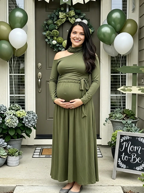 Army Green Maternity Maxi Dress with Oblique Shoulder and Ruched Detail and Graceful Silhouette, Baby Shower Style