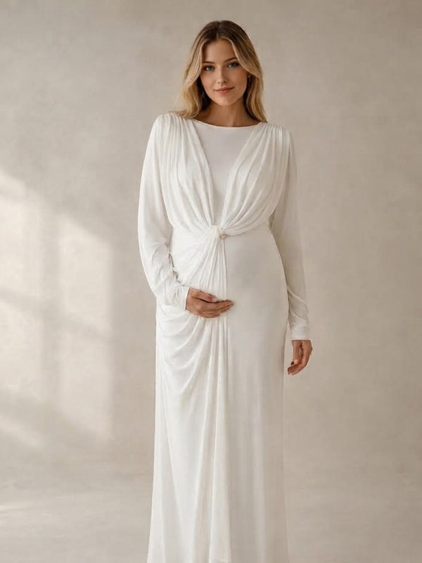 White Cape Maternity Maxi Dress with Ruched Design and Grenadine Detail
