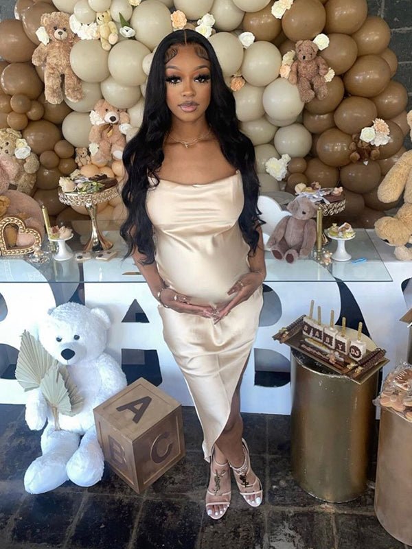 Momyknows Satin Spaghetti Strap Tie Back Backless Trumpet Party Bodycon Plus Size Baby Shower Maternity Maxi Dress