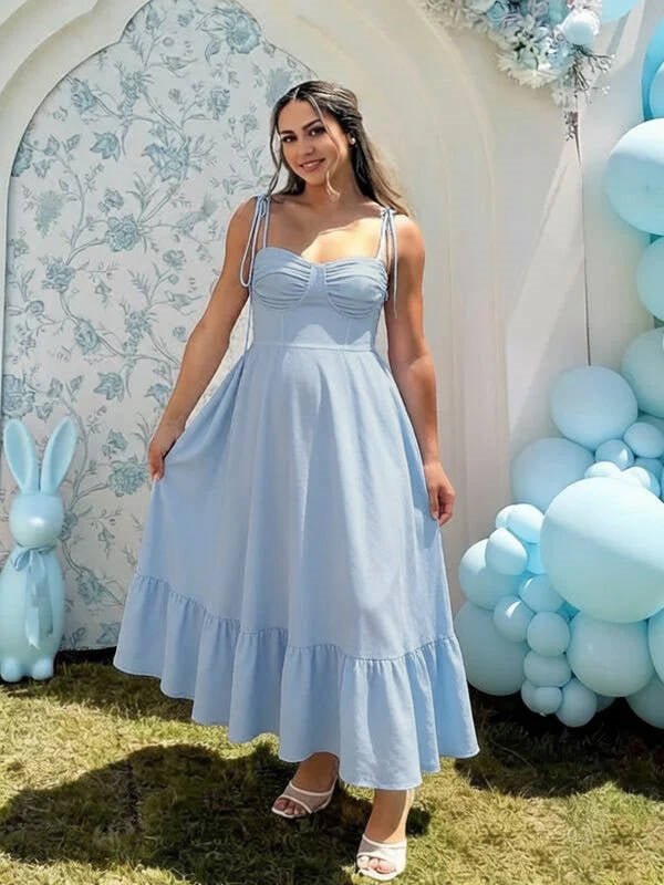 Momyknows Spaghetti Strap Backless Falbala Baby Shower Maternity Midi Dress - Blue - 5
