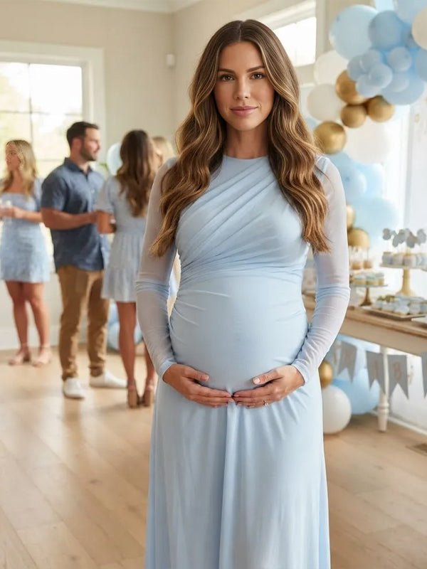 Momyknows Ruched Sheer Grenadine Bodycon Maternity Baby Shower Maxi Dress - Blue - 7