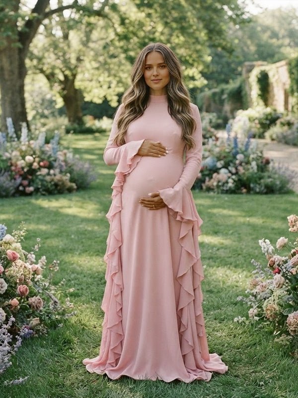 Momyknows Ruffle Flare Sleeve Big Swing Maternity Photoshoot Maxi Dress - Pink - 1
