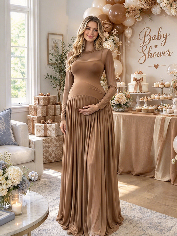 Brown Elegant Maternity Maxi Dress with Sheer Design and Draped Hem and Graceful Silhouette, Baby Shower Style