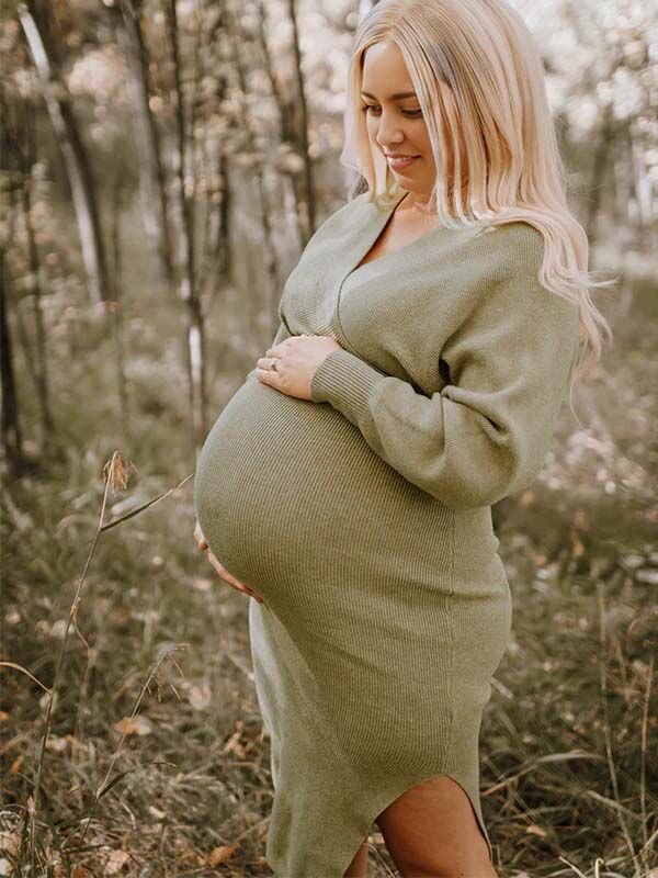 Momyknows Knit Solid Color Sashes V-Neck Double Split Backless Bodycon Photoshoot Maternity Sweater Midi Dress