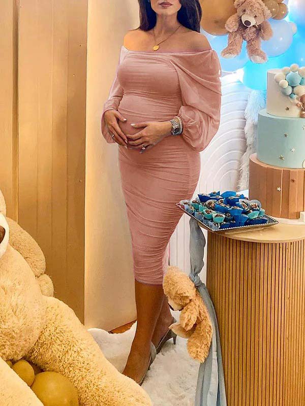 Momyknows Mesh Ruched Off Shoulder Lantern Sleeve Square Neck Bodycon Elegant Party Maternity Photoshoot Baby Shower Midi Dress
