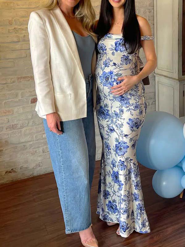 Blue Floral Off Shoulder Mermaid Maternity Baby Shower Maxi Dress Blue / XL Blue Floral Off Shoulder Mermaid Maternity Baby Shower Maxi Dress Blue / XL