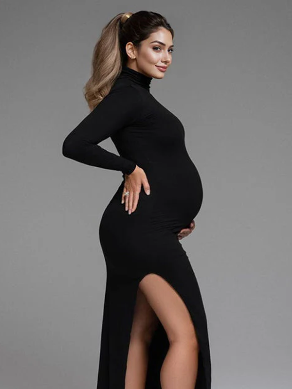 Momyknows Black High Neck Side Slit Bodycon Long Sleeve Baby Shower Maternity Maxi Dress