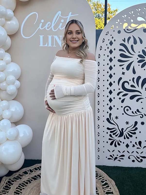 Momyknows Off Shoulder Mesh Ruched Elegant Maternity Maxi Dress