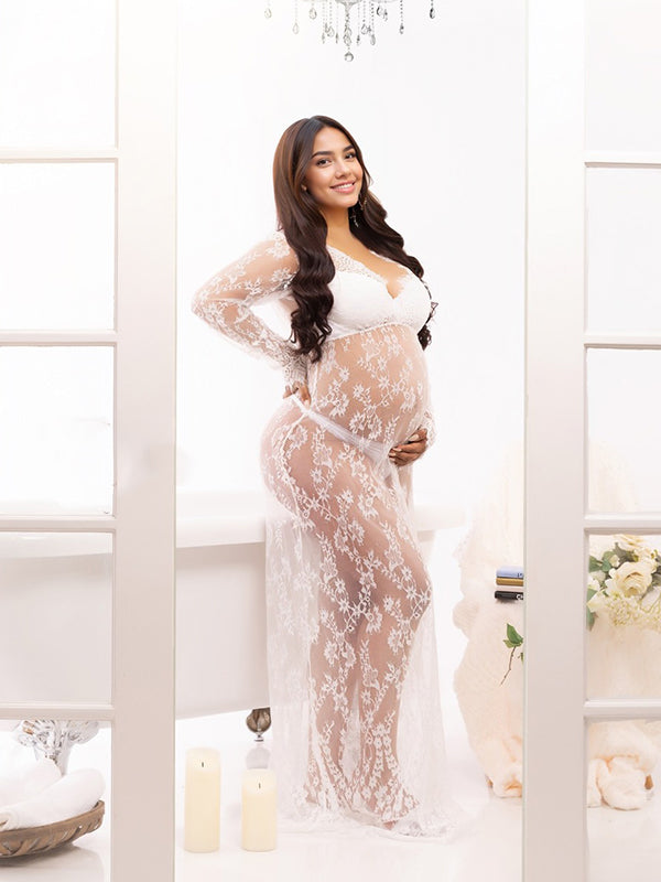 Momyknows White Lace Robe V-neck Photoshoot Plus Size Maternity Maxi Dress Momyknows White Lace Robe V-neck Photoshoot Plus Size Maternity Maxi Dress