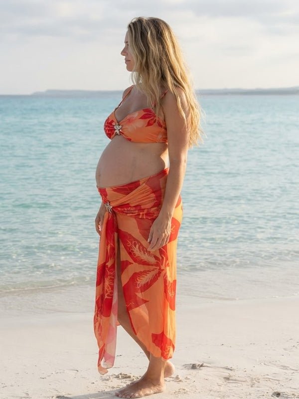Momyknows Orange Sunset Vibe Floral Hardware High Slit Tie up Beach Photoshoot 3 Piece Bikini Maternity Swimsuit - Orange - 3