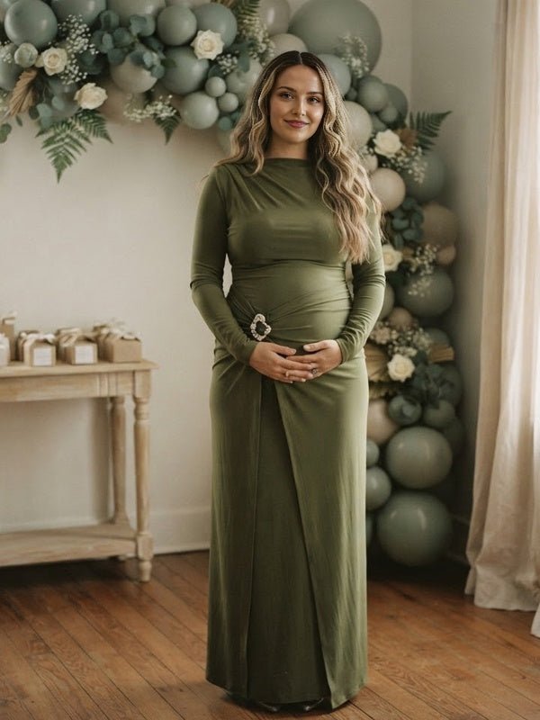 Momyknows Green Ruched Bodycon Split Design Maternity Baby Shower Maxi Dress - Green - 1