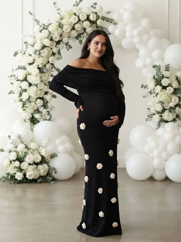 Momyknows Black Off Shoulder 3D Flower Backless Crochet Maternity Baby Shower Maxi Dress - Black - 5