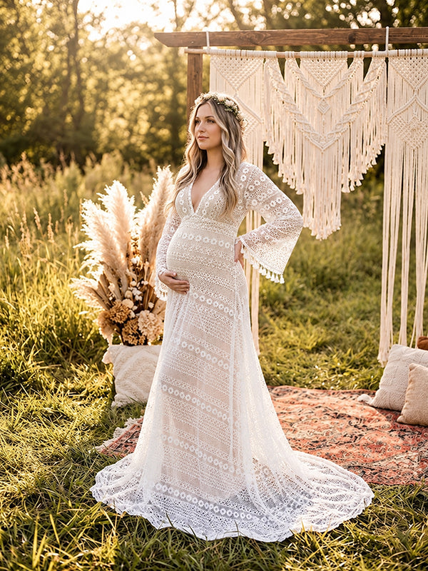 White Elegant Sheer Photoshoot Maternity Maxi Dress