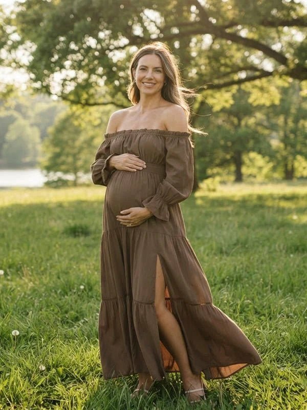 Momyknows Off Shoulder Side Slit Backless Ruched Maternity Photoshoot Midi Dress - Coffee - 1