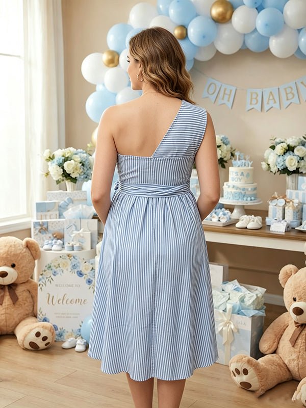 Momyknows Blue Oblique Shoulder Striped Maternity Baby Shower Midi Dress - Blue - 2