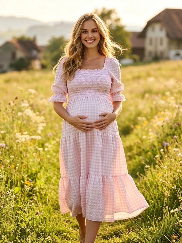 Pink Plaid Maternity Dress with Puff Sleeves and Ruffle Details and Adjustable Fit, Photoshoot