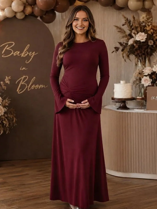 Wine Red Elegantd Ruched Maternity Maxi Dress with Round Neck and Elegant Fit, Baby Shower Occasion