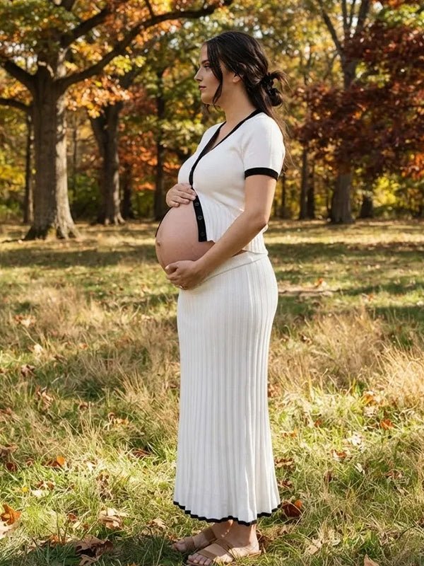 Momyknows Crochet Button Draped Hem Two Piece Maternity Photoshoot Maxi Dress - White - 3