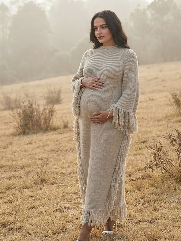 Apricot Maternity Midi Dress with Double Slits and Tassel Detail and Irregular Silhouette