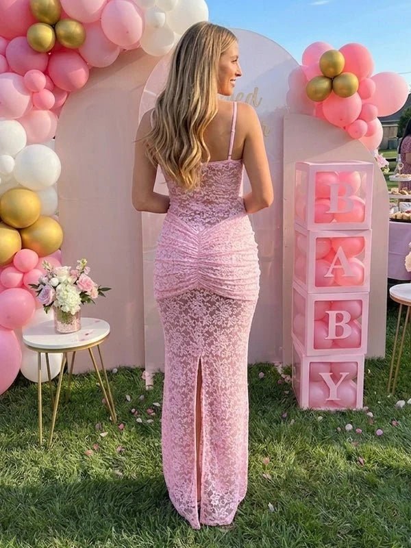 Momyknows Pink Lace Ruched Slit Splicing Bodycon Baby Shower Maternity Maxi Dress, Pink / S