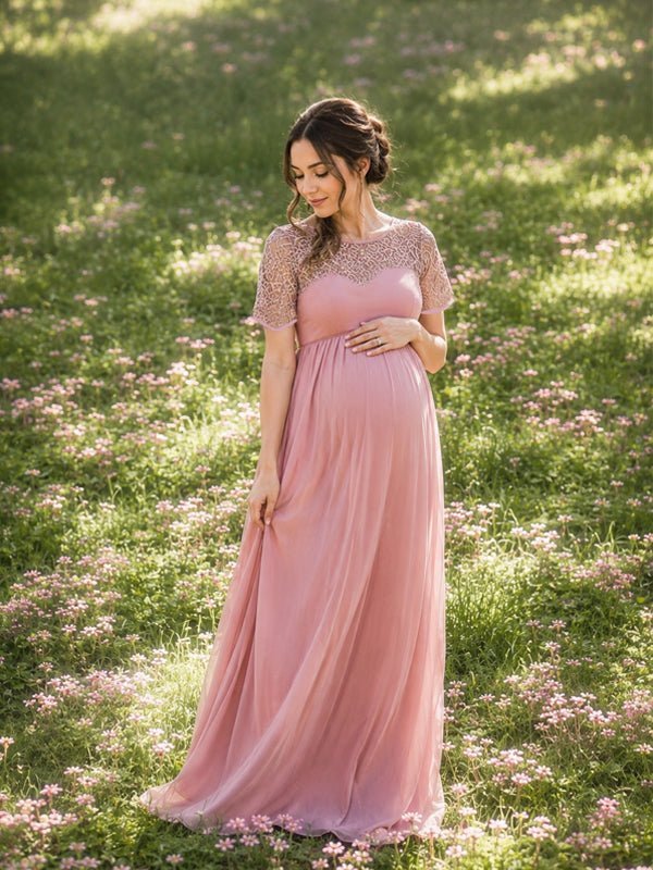 Momyknows Pink Lace A-Line Ruched Splicing Photoshoot Maxi Dress - Pink - 1