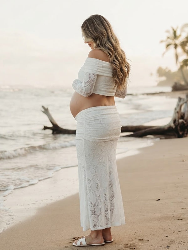 White Off Shoulder Maternity Maxi Dress with Lace Detail and Bodycon Fit